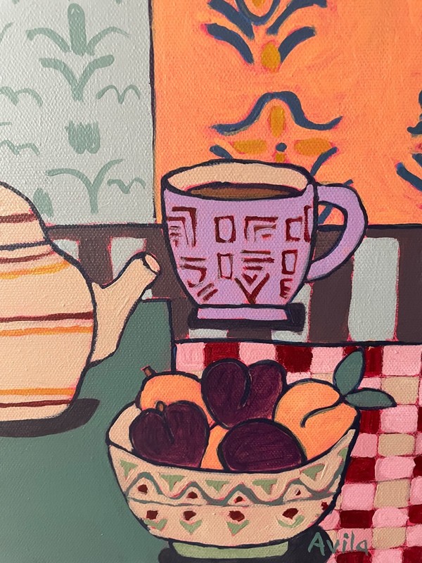 Large Original Maria Avila Whimsical Still Life Acrylic Painting 12x20 Canvas gallery