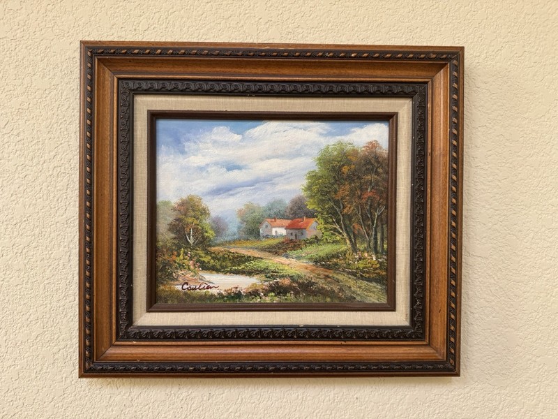 Vintage Signed Mid-Century Oil Painting Textured Landscape Ornate Frame 15×13