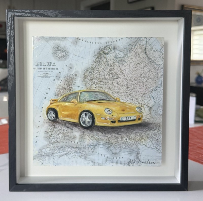 Car Porsche 911 Painting Yellow Automotive Original Art Oils On Metal Map, Gift