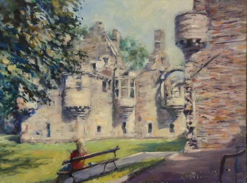 GERRY MILLER - "Castle Garden."-oil painting".40x30cm.Unframed. MDF Board.