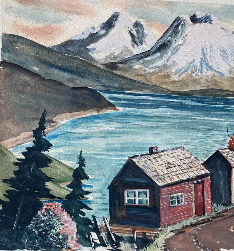 Vintage Norwegian fjord & volcano watercolor landscape signed Tinker - 10”x15” gallery