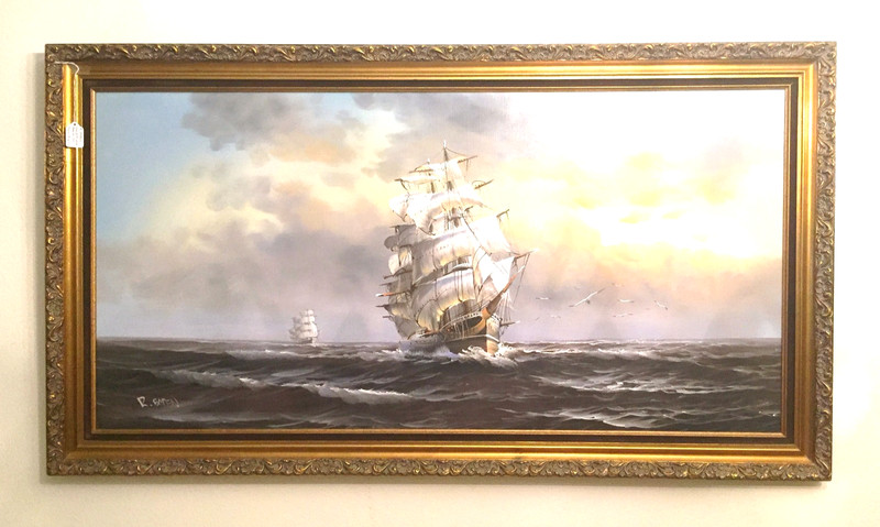 VINTAGE ART OIL PAINTING SHIP AT SEA R BOREN ( RICK BOREN ) 48 x 24 UNFRAMED