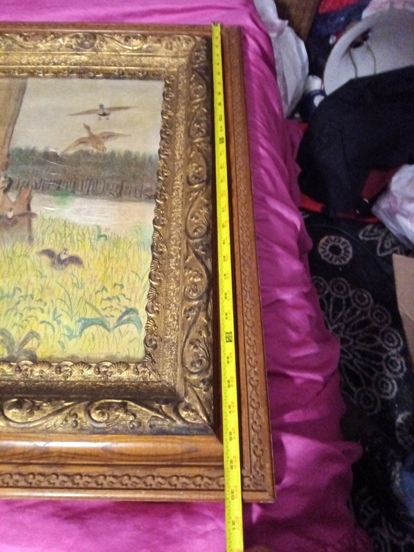 Vintage Ornate Gold Gesso Wood Frame with Mid-Century Folk Art Wildlife Painting gallery