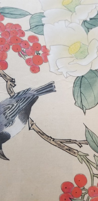 Vintage Chinese SILK PAINTING Textile Border Bird Tree Flowers 17x15 Gold Frame gallery