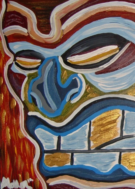 Outsider art Tiki painting «Ticked off Tiki» 8×10 on canvas unframed Alex Mohler