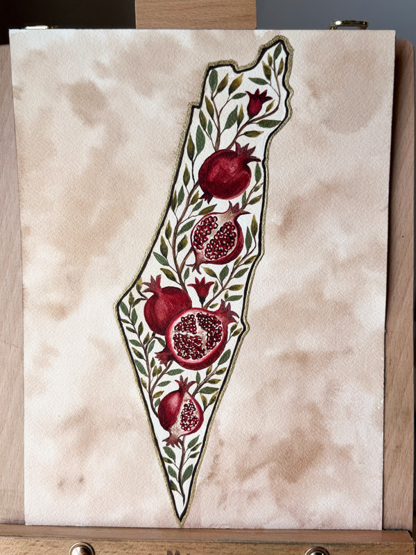 Pomegranate Map of Israel Original Hand-Painted Watercolor Art by Binah Mayim
