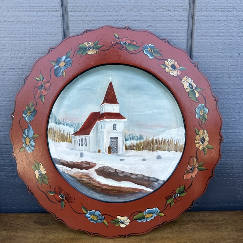 hand painted wood plate Norwegian round red folk art Rosemaling