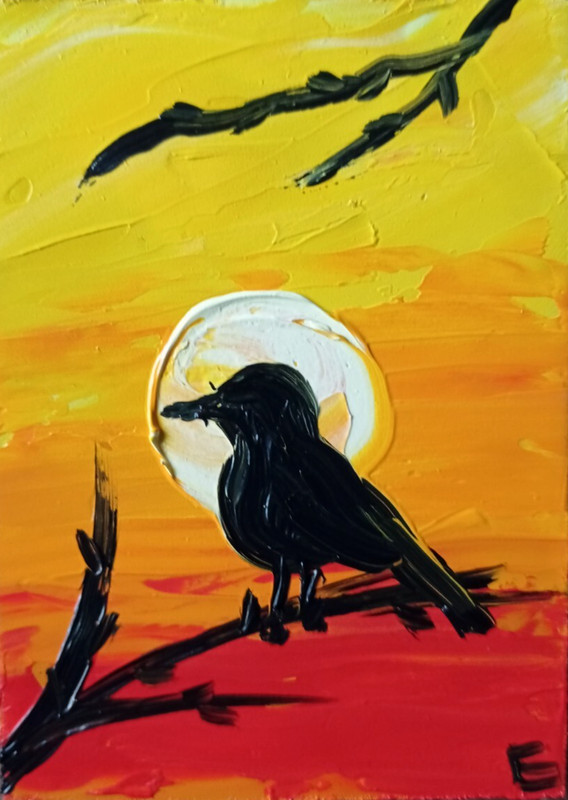 Original Painting ACEO Evening Sunset Bird Tree Landscape Oil Art size 3.5 x 2.5