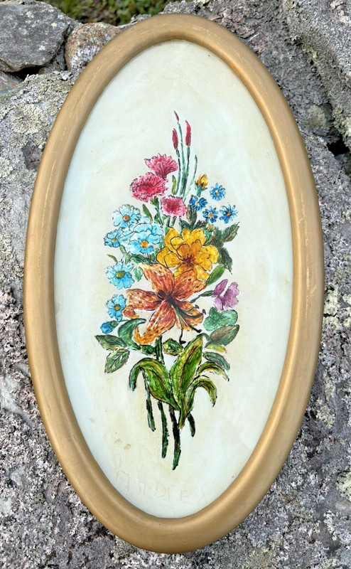 Vintage Tinsel Reverse Foil Painting Flowers Bouquet Folk Art Gold Frame Signed