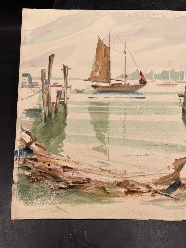 Small Unframed Watercolor Painting Boats Dock Beach Seaside Signed Bill Allen gallery