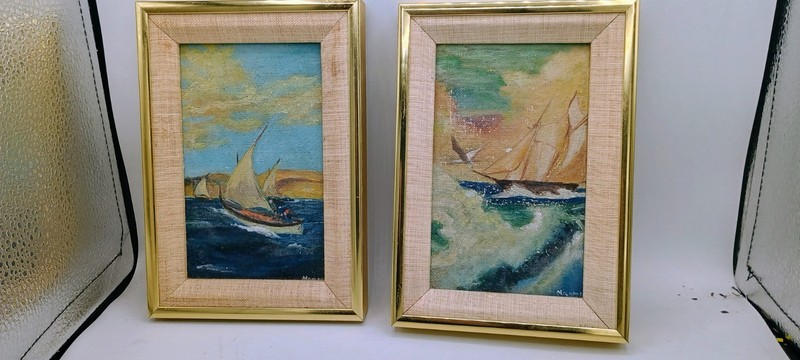 Set Of 2 Small 5×7 Sailboat Paintings On Board. Sigm F By The Artist Cust. Frame