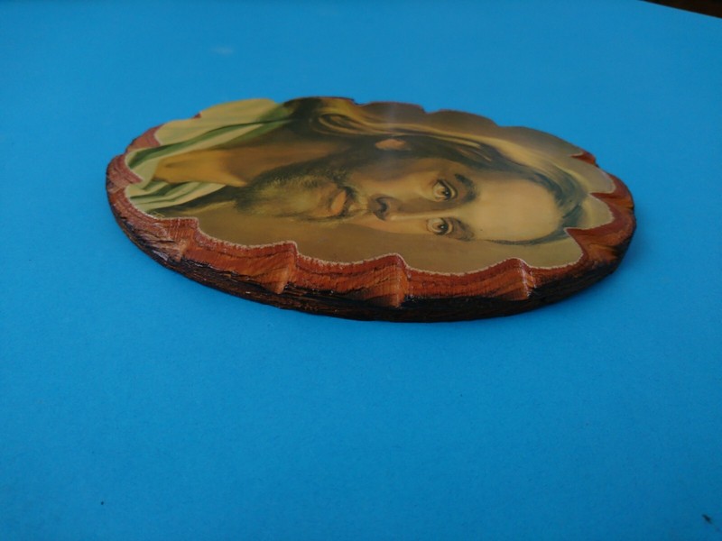 VINTAGE JESUS PICTURE PORTRAIT On Wood board Tree hand Wall Art 8" X 6.5" X .5" gallery