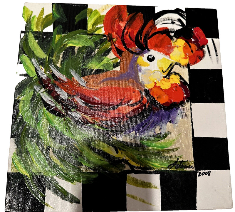 Original Folk Art Oil Painting Whimsical Colorful Bird 10″ x 10″Artist SIGNED