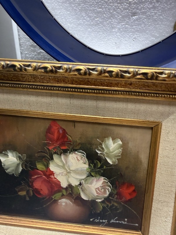 Vintage Signed Henri Floral Oil Painting Roses in Ornate Gold Frame 11x9 Still L gallery