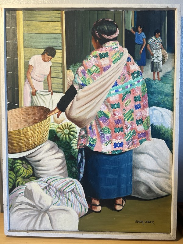 Edgar Chávez Oil On Canvas Village Marketplace Scene