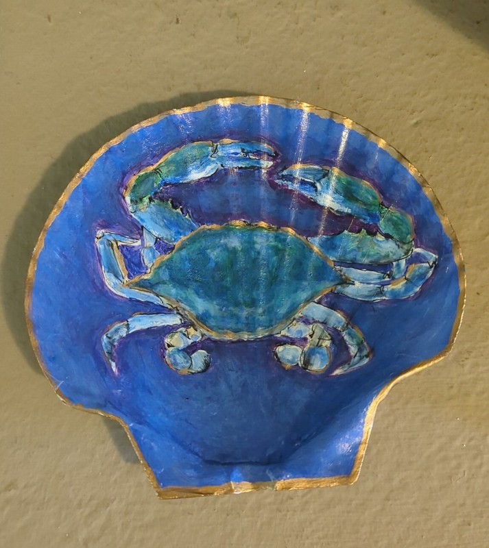 Hand Painted Art Blue Shell Crab on Scallop Seashell RAMFISH Artist