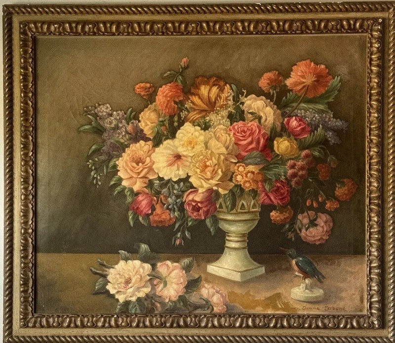 CARMINE CARBONE ANTIQUE STILL LIFE IMPRESSIONIST OIL PAINTING OLD ROSES FLOWERS