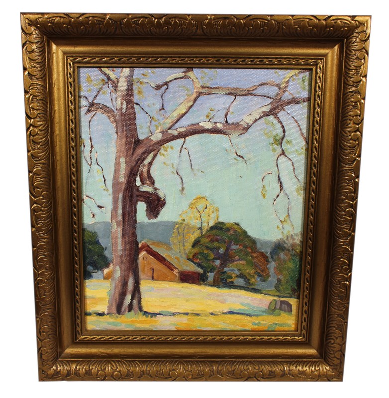 VINTAGE CALIFORNIA ART IMPRESSIONIST LANDSCAPE OIL PAINTING MOUNTAINS TREES BARN