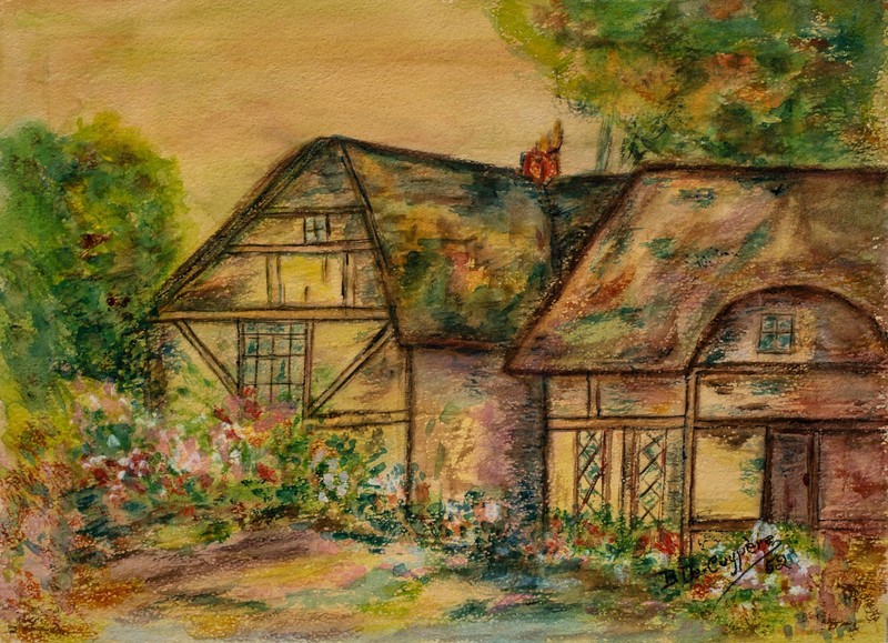 Mid Century Belgian Watercolor–Country House in Springtime, Signed, 1952