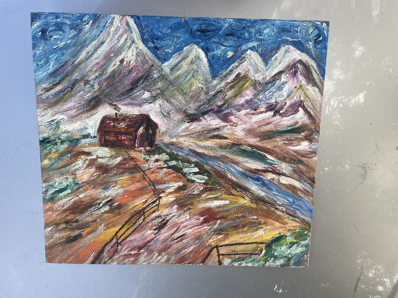 Expressive Oil Painting Mountains 20+18 Inches Signed Doss Primitive Folk Art gallery