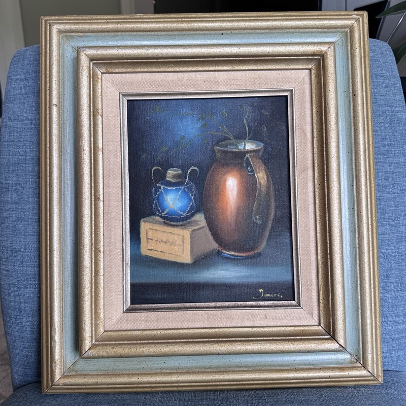 Vtg Still Life Oil Painting Signed 8X10 Wood Linen Framed Pottery Vase