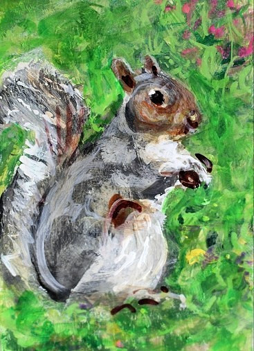 ORIGINAL ACEO Painting Grey Squirrel Spring Wild Animal Landscape Flower ATC ART