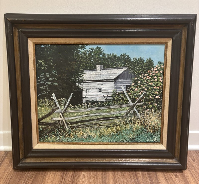Vintage Oil Painting Cabin Landscape Split Rail Fence Rustic Farm 20×28 Framed