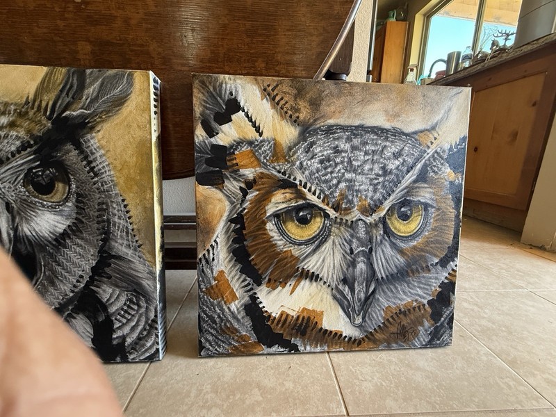 New Mexico Artist MoNa Aragon Original Canvas Paintings “Owl Series” #’s 5 & 6 gallery