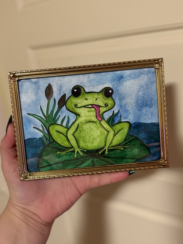 Original Derpy Frog + Lily pad Watercolor Painting In Vintage Gold Frame