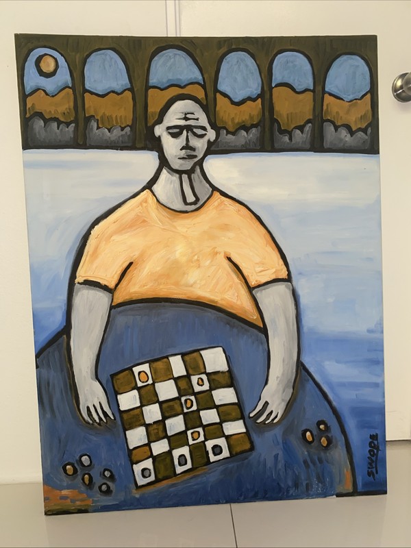 Original Large Painting Chess Checkers Man 40” X 30” Abstract Coffee Shop Art gallery