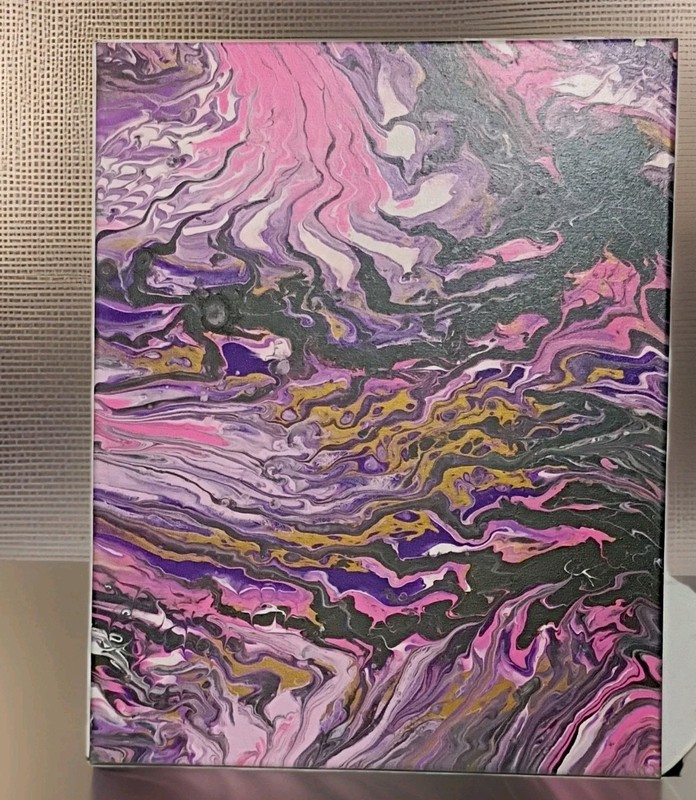 Abstract acrylic painting pink, purple, black, and gold on canvas unframed