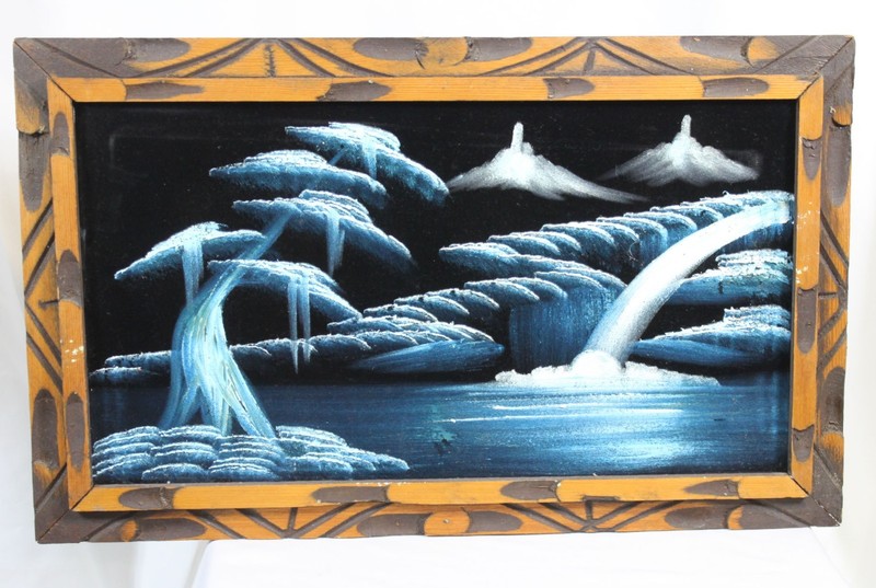 Vtg Black Velvet Painting Waterfalls Mountains Trees Wood Framed MCM Retro 23×14