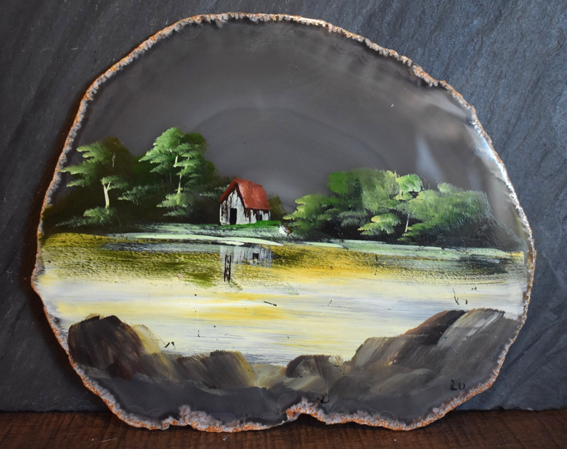 Handpainted Landscape on Rock Geode Slice Slab