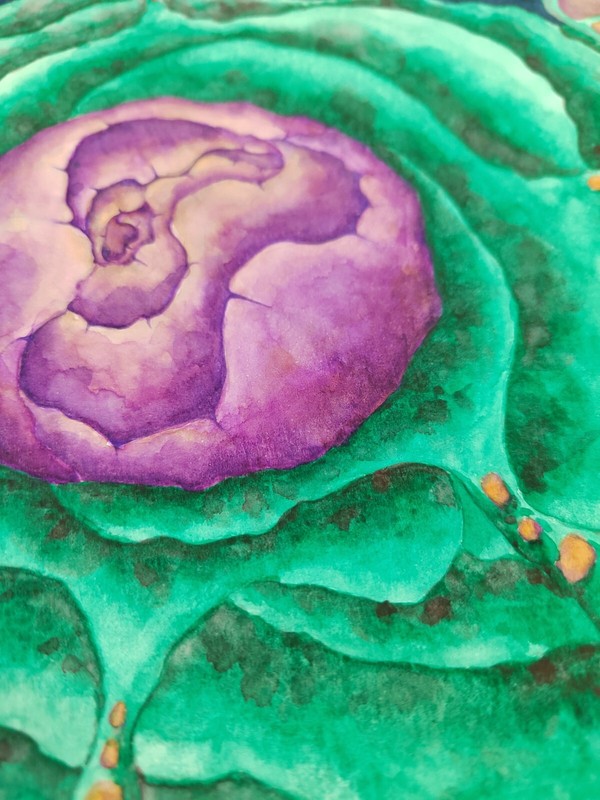 Original Abstract Cosmic Watercolor – Purple Core, Green Energy, 9.8x9.8 in gallery