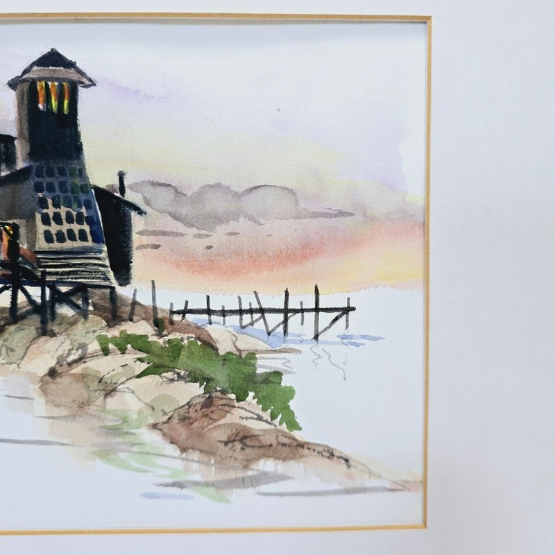 Ralph Acosta Original Seascape Watercolor Painting Lighthouse Beach Pier Matted gallery