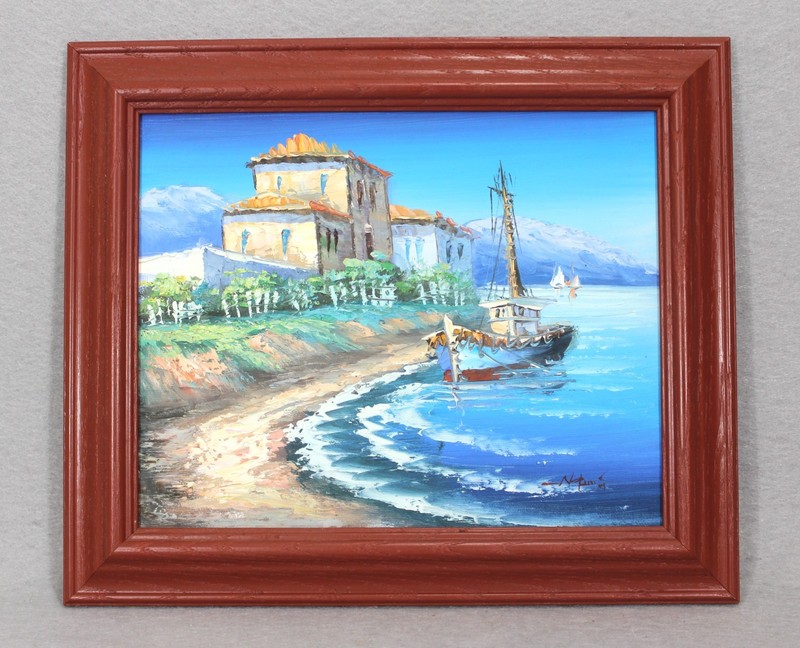Vintage Oil Painting Mediterranean Coastal Scene Boat Villa Framed NauticalDecor