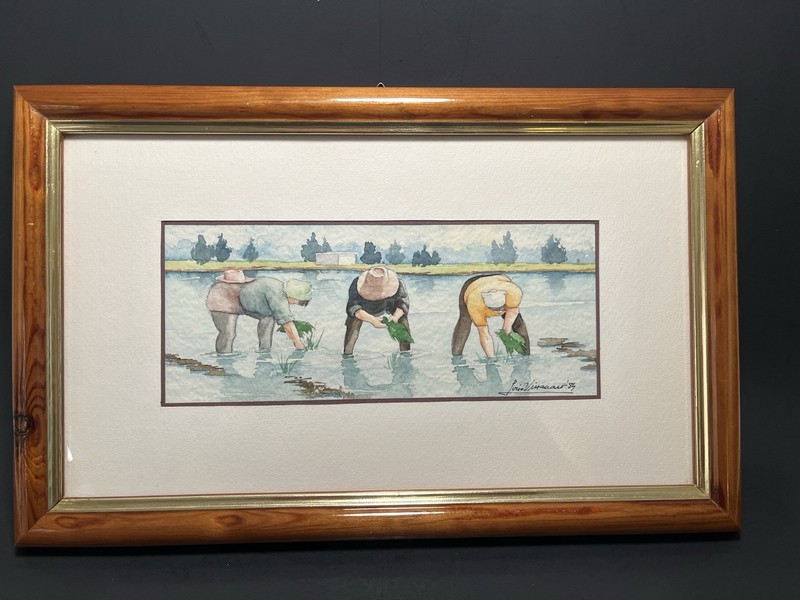 Original Vintage 1984 Watercolor Painting Rice Taro Farmers Framed Matted Signed