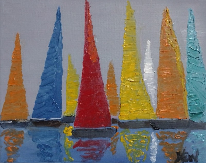 Original Signed Abstract «Sailboats» Oil Painting on Canvas by HEW, 8×10 inch