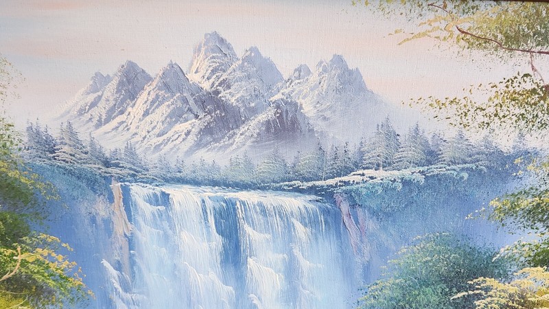 24x36 Oil Painting BOB ROSS STYLE Mountain Waterfall Forest on Stretched Canvas gallery