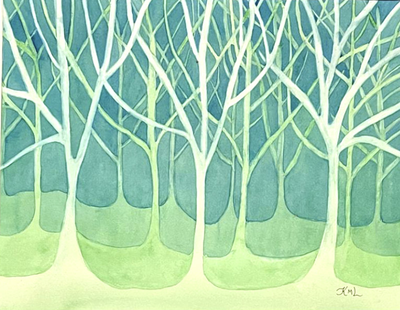 PAINTING WATERCOLOR ART TREES SPRING BLUE GREEN 11X14 AND DOUBLE WHITMAT 16X20