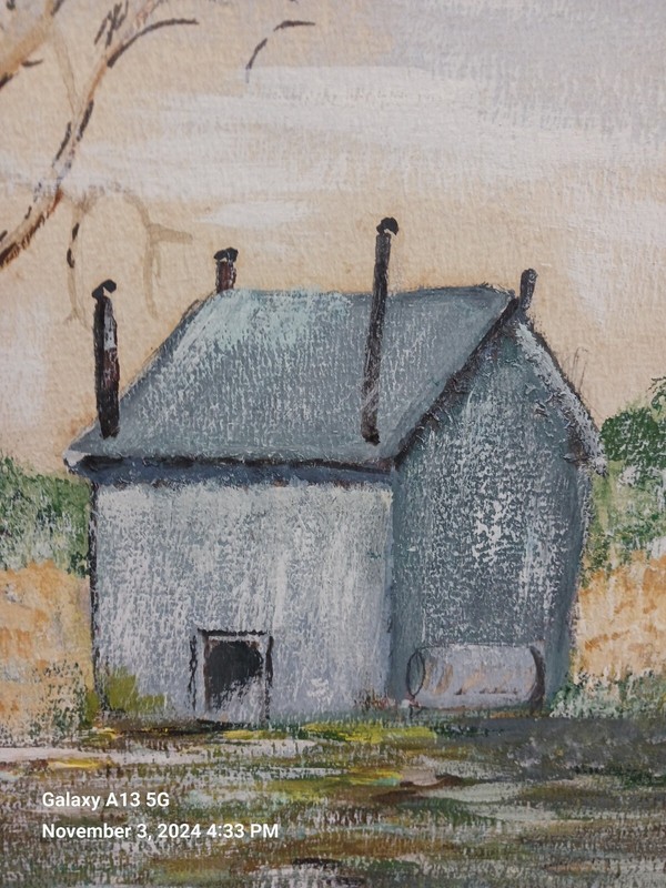 Original Oil painting Landscape Study Bare Tree & 2 Rustic Structures 21" X 15" gallery