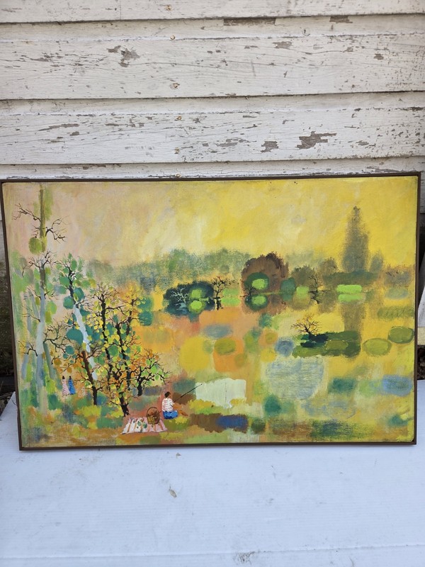 Whimsical Mid Century Surreal Oil Painting Boy Fishing