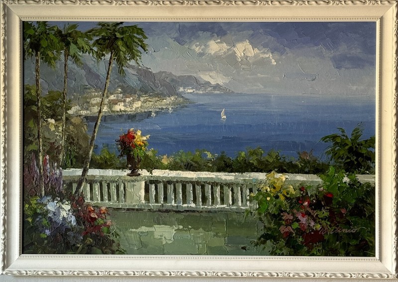 ANTONIO DI VICCARO VINTAGE ITALIAN MODERN VILLA OCEAN LANDSCAPE OIL PAINTING 80s