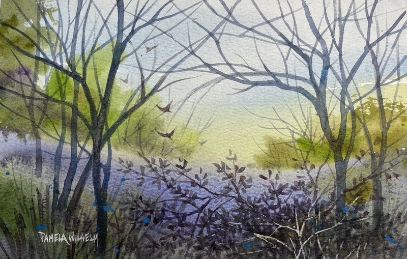 Original Pamela Wilhelm 5”x8” Watercolor Tully Fog Birds Daybreak Trees Light
