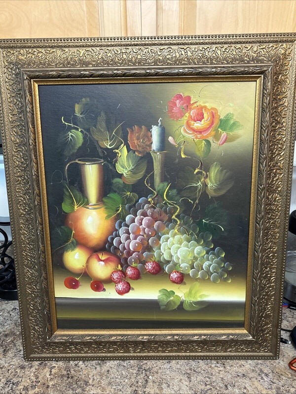 Flowers and grapes Intricate Oil Painting Framed With Artist Signature
