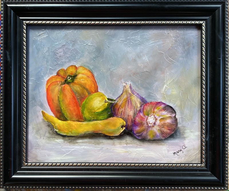 One of kind honey Peppers Garlic Original oil painting gessoed masonite Framed