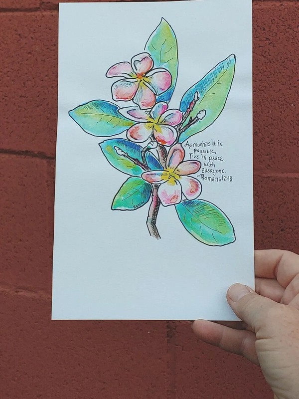 Plumeria Scripture Original Line & Wash Watercolor RAMfish Artist 8" x 5 1/2" gallery