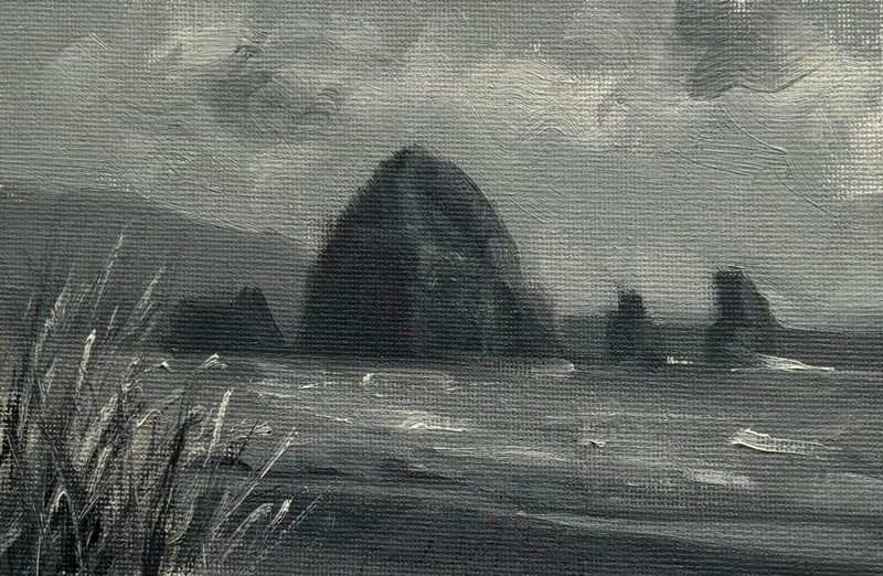 Oregon coastal seascape black & white oil painting by living artist. 4.5″x7″