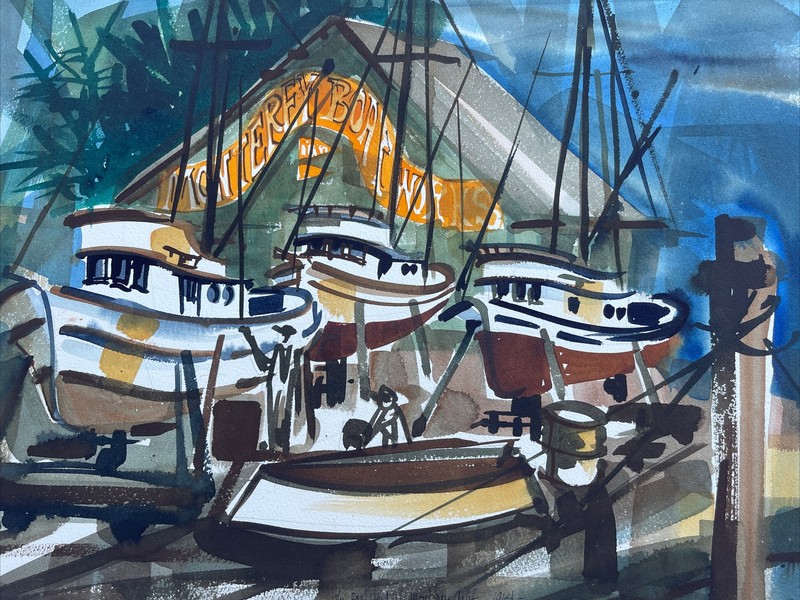 JODI BRYAN PAINTING CALIFORNIA REGIONALISM NAUTICAL COASTAL MONTEREY BOAT WORKS