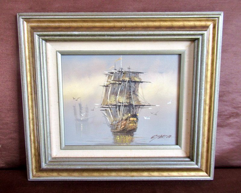 Vintage Nautical Oil Painting – Signed Garcia – Original Mid-Century Seascape
